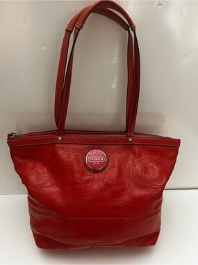 Vintage Coach Signature Embossed Leather Tote Bag Orange Zipper Closure Y2K